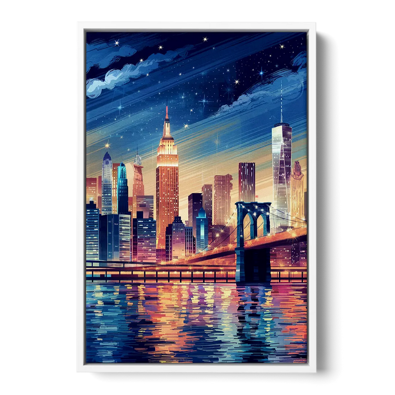 New York City Night Lights Front - White Canvas Wall Art