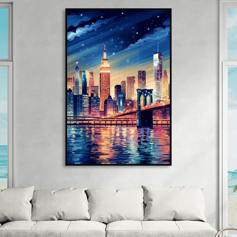 New York City Night Lights Living Room - Black Canvas Wall Art