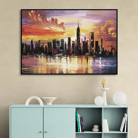 New York City Skyline At Sunset Living Room - Black Canvas Wall Art