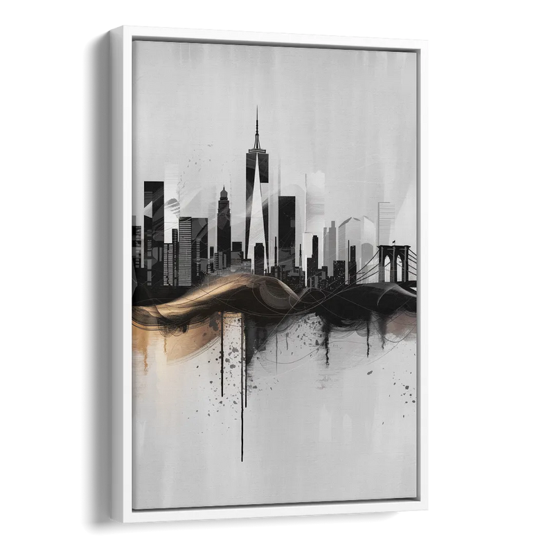 New York City Skyline Black Ink Style Minimalist Side - White Canvas Wall Art