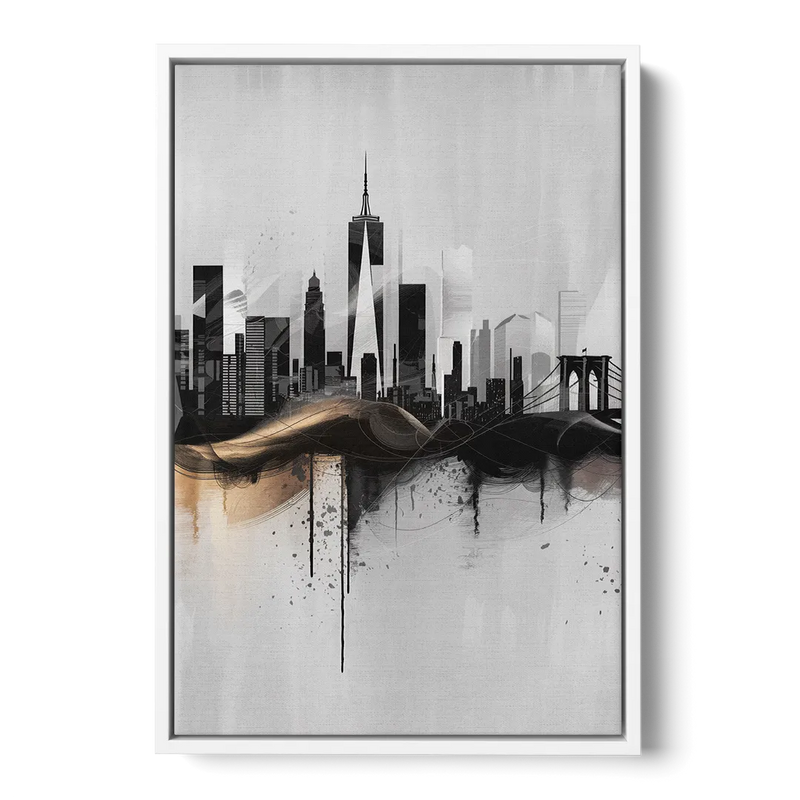 New York City Skyline Black Ink Style Minimalist Front - White Canvas Wall Art