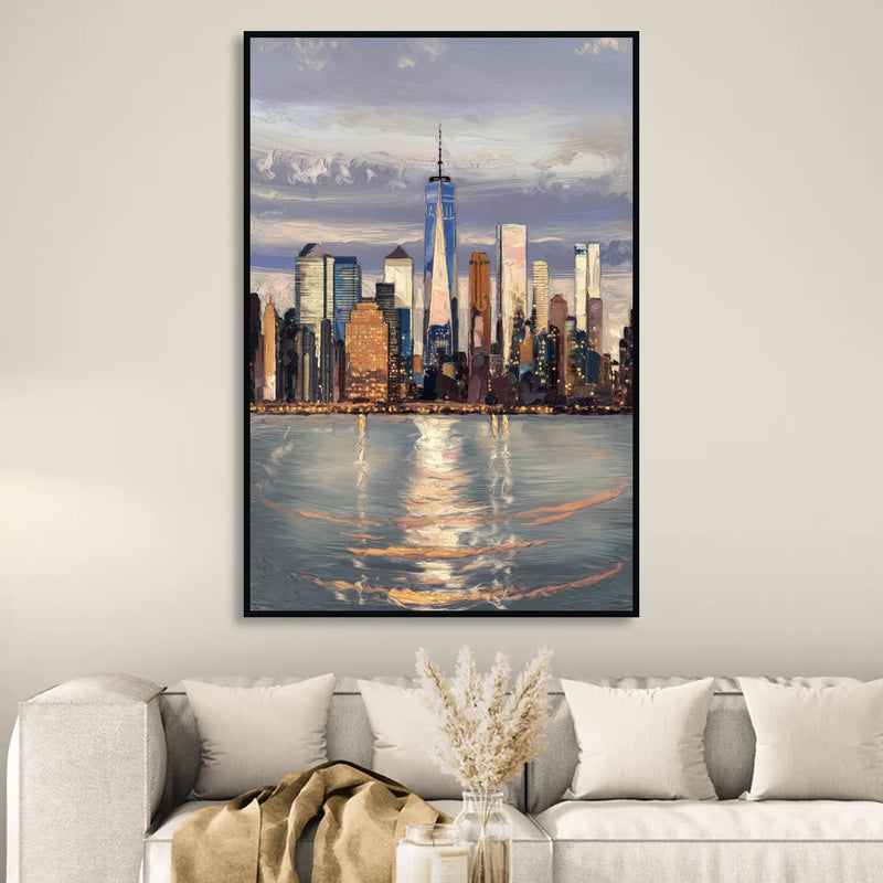 New York City Skyline Reflection Living Room - Black Canvas Wall Art