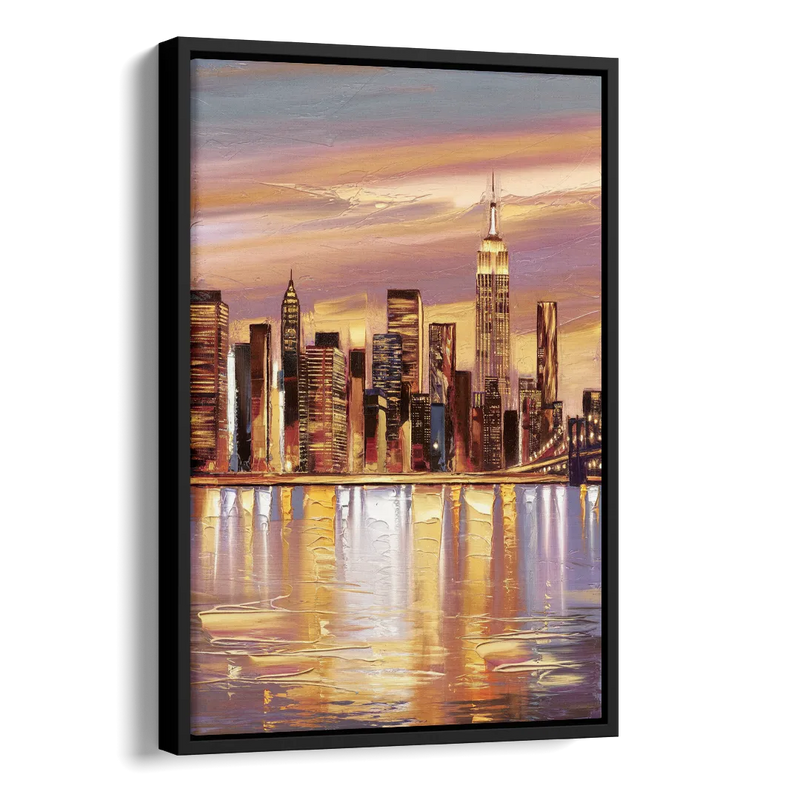 New York City Skyline at Dusk Side - Black Canvas Wall Art