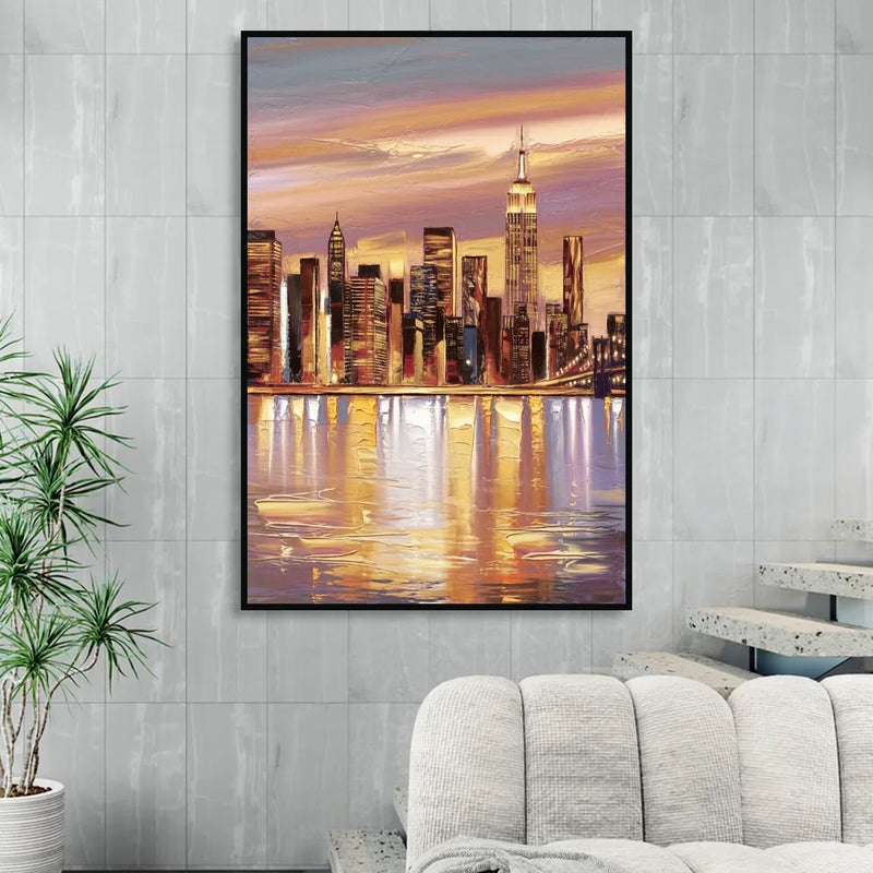 New York City Skyline at Dusk Sitting Room - Black Canvas Wall Art