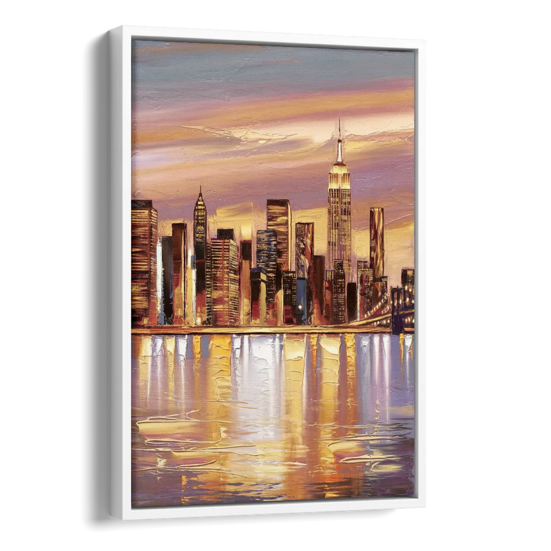 New York City Skyline at Dusk Side - White Canvas Wall Art