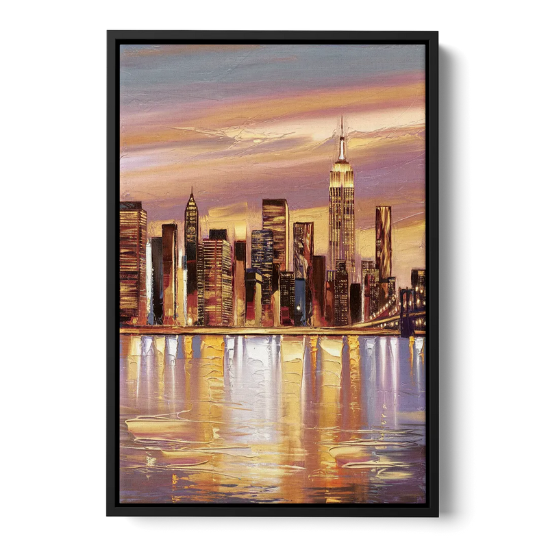 New York City Skyline at Dusk Front - Black Canvas Wall Art