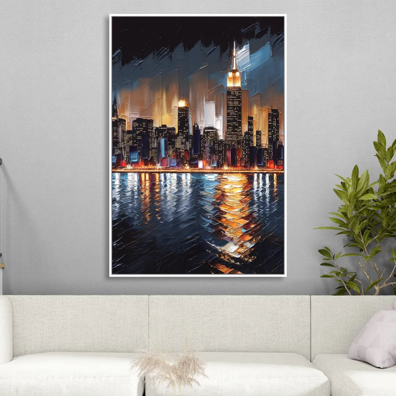 New York City Skyline by Nightfall Hudson Living Room - White Canvas Wall Art