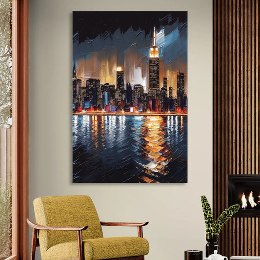 New York City Skyline by Nightfall Hudson Living Room - Canvas Wall Art