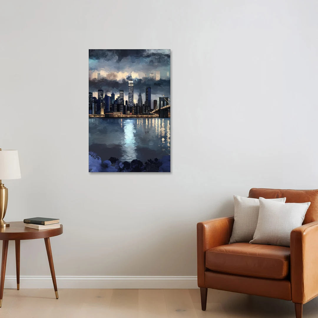 New York City Skyline in Blue Tones Hudson - Canvas Wall Art - Sofa - 24x36