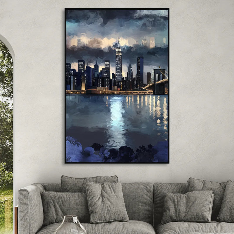 New York City Skyline in Blue Tones Hudson Sitting Room - Black Canvas Wall Art