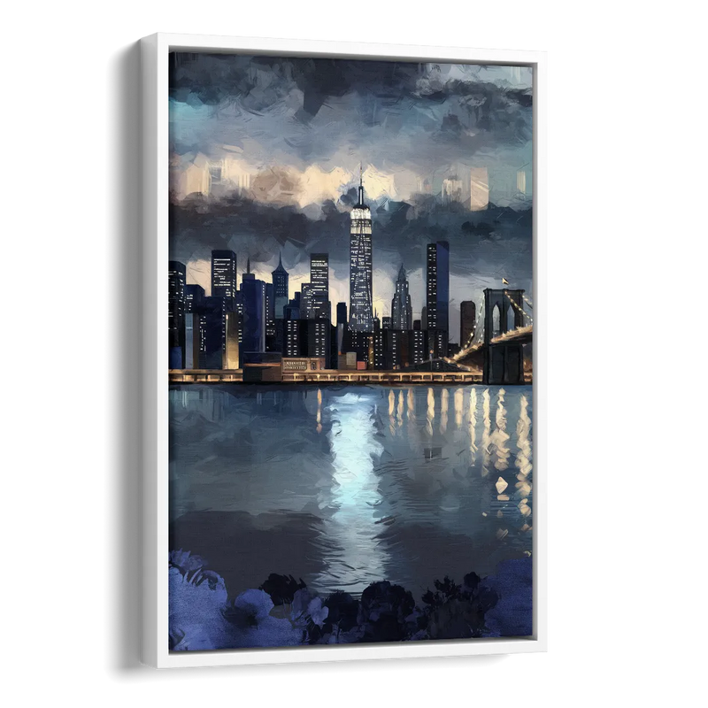 New York City Skyline in Blue Tones Hudson Side - White Canvas Wall Art