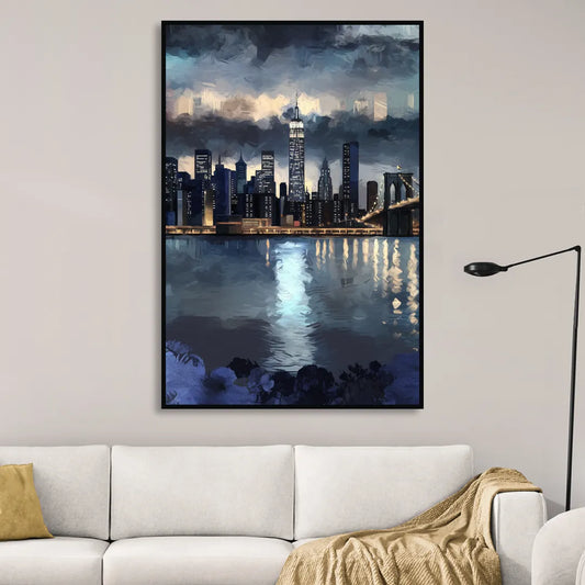 New York City Skyline in Blue Tones Hudson Living Room - Black Canvas Wall Art
