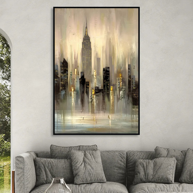New York City Skyline in Fog Living Room - Black Canvas Wall Art