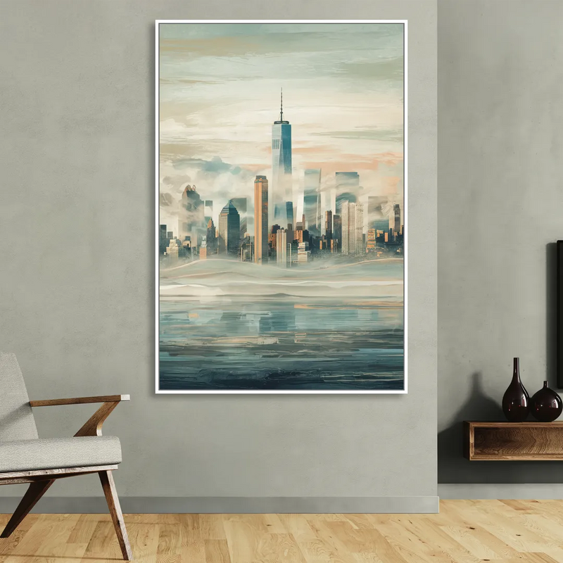 New York City Skyline in Fog Hudson Living Room - White Canvas Wall Art