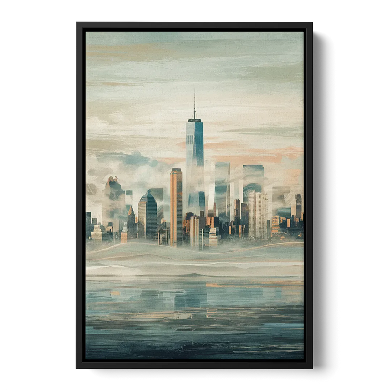 New York City Skyline in Fog Hudson Front - Black Canvas Wall Art