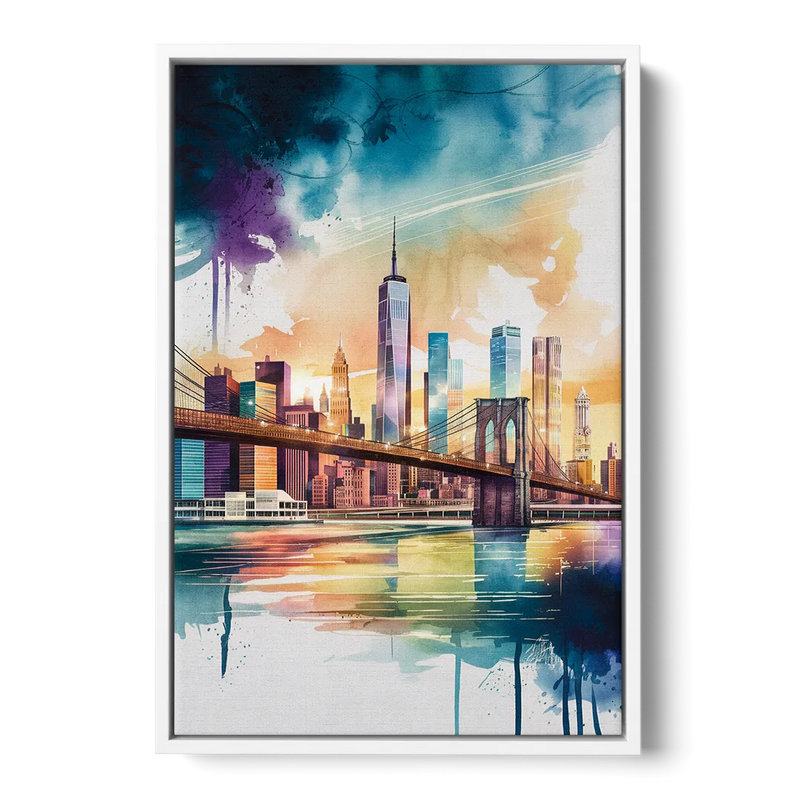 New York City Skyline in Watercolor Hudson Front - White Canvas Wall Art