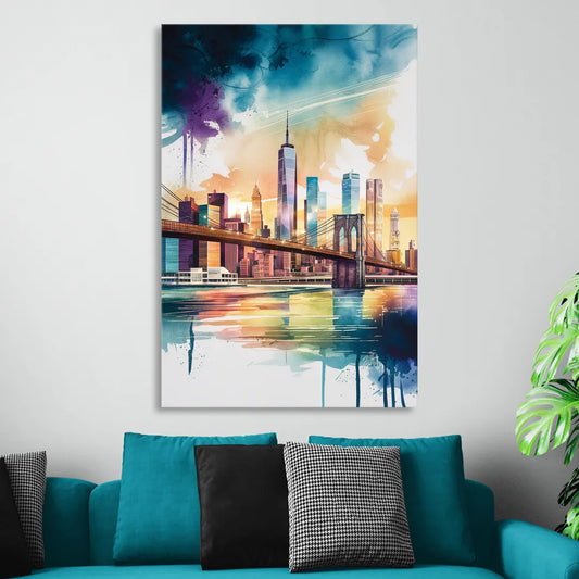 New York City Skyline in Watercolor Hudson Living Room - Canvas Wall Art