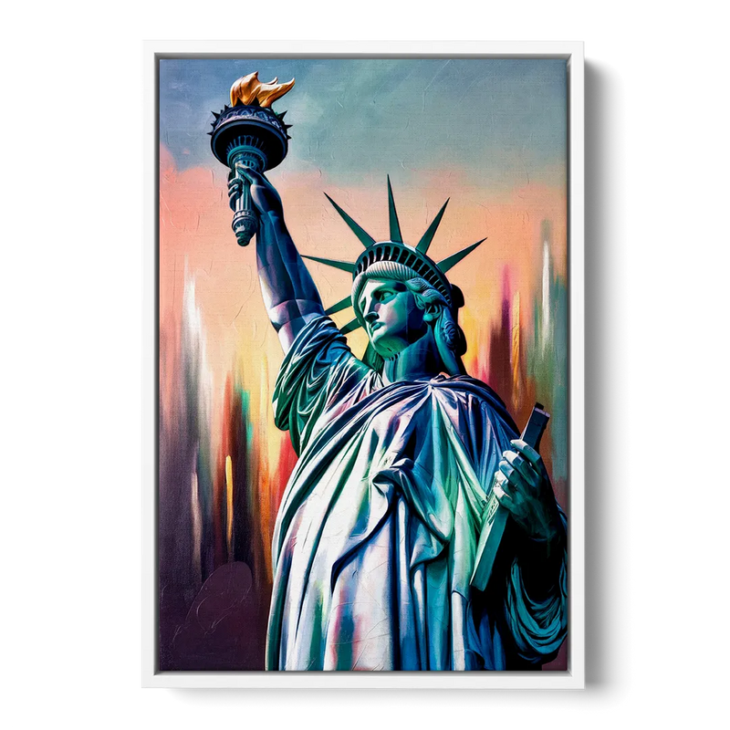 New York City Statue of Liberty Closeup Sky Front - White Canvas Wall Art