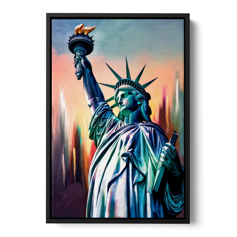 New York City Statue of Liberty Closeup Sky Front - Black Canvas Wall Art