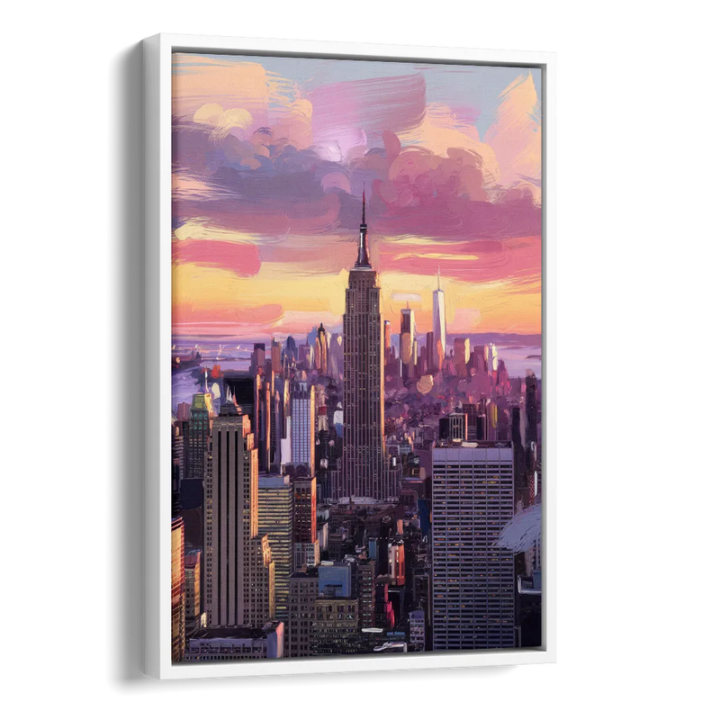 New York City Sunset Over Skyline Side - White Canvas Wall Art