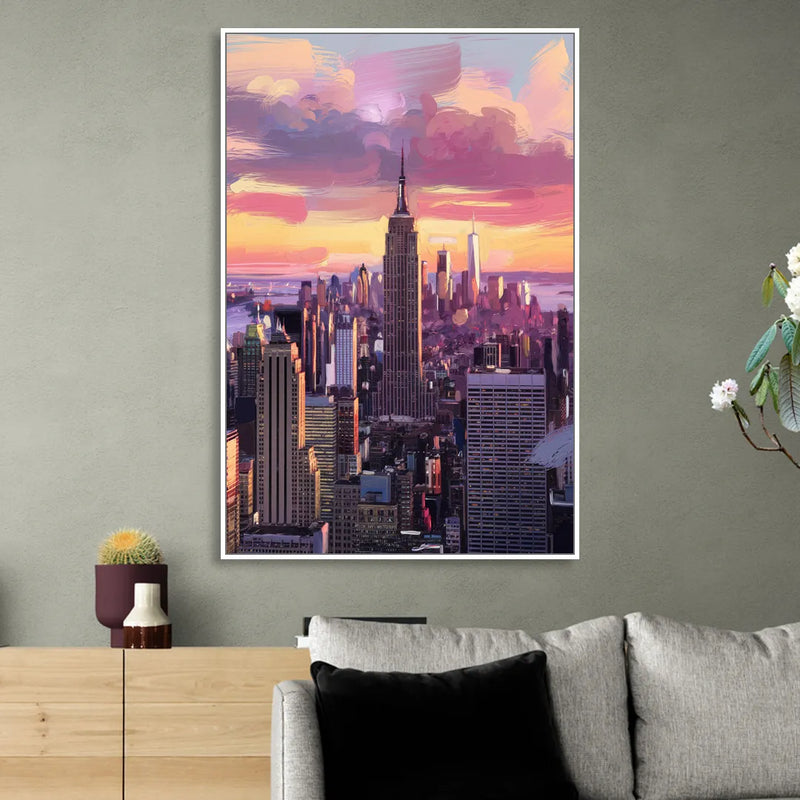 New York City Sunset Over Skyline Sitting Room - White Canvas Wall Art