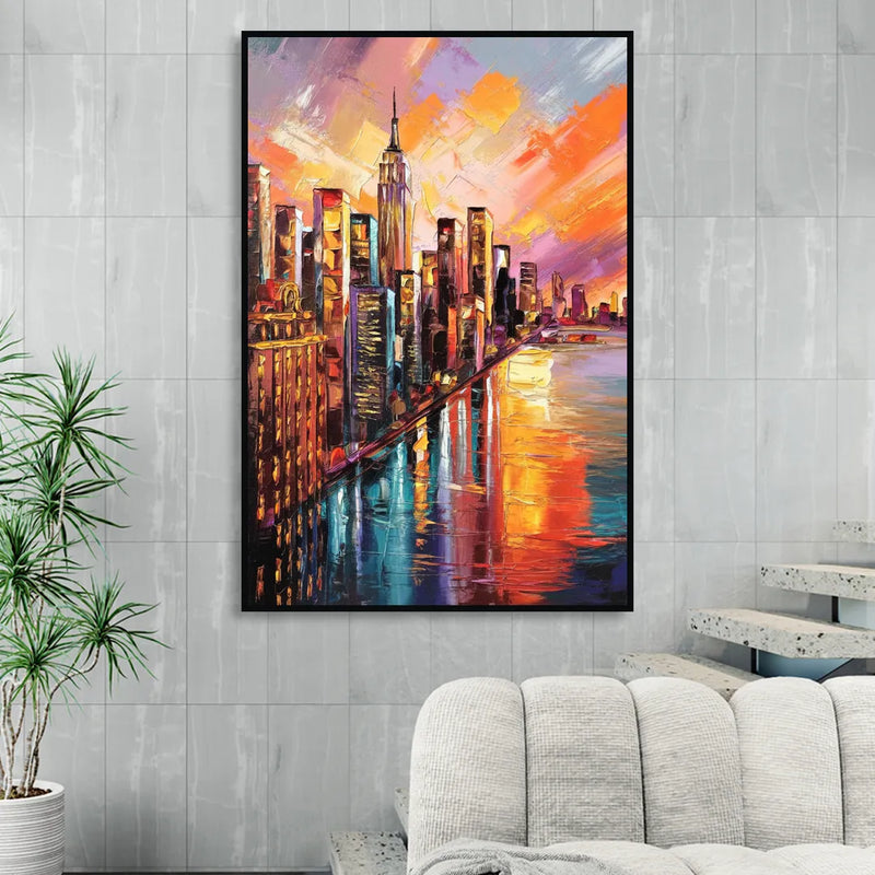New York City Sunset Over Skyscrapers Hudson Sitting Room - Black Canvas Wall Art