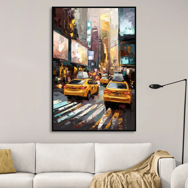 New York City Taxi Cabs Sitting Room - Black Canvas Wall Art