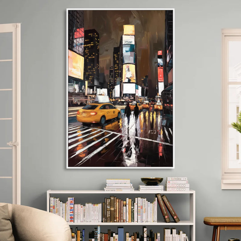 New York City Times Square in Motion Night Sitting Room - White Canvas Wall Art
