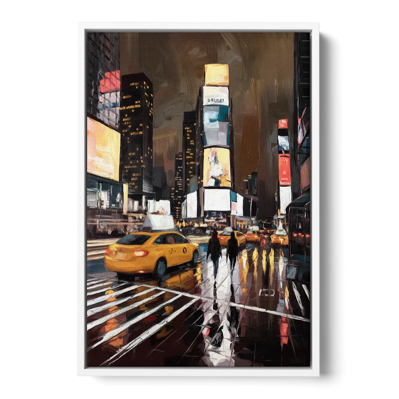 New York City Times Square in Motion Night Front - White Canvas Wall Art