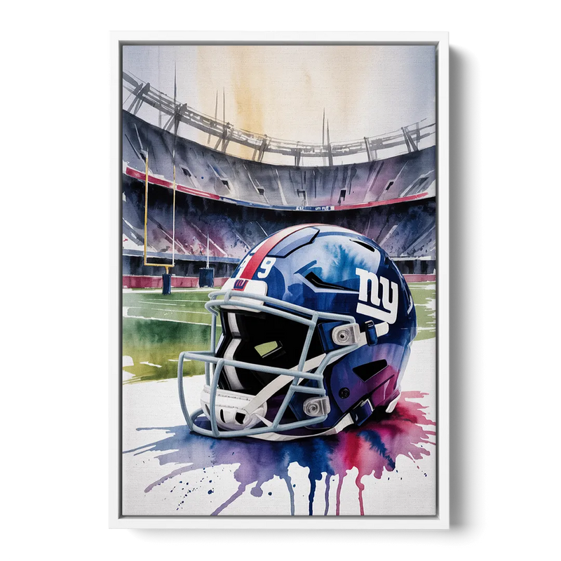 New York Giants Watercolor Helmet and Stadium Art Front - White Canvas Wall Art