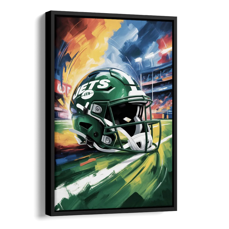 New York Jets Energetic Impressionist Football Helmet Artwork Side - Black Canvas Wall Art