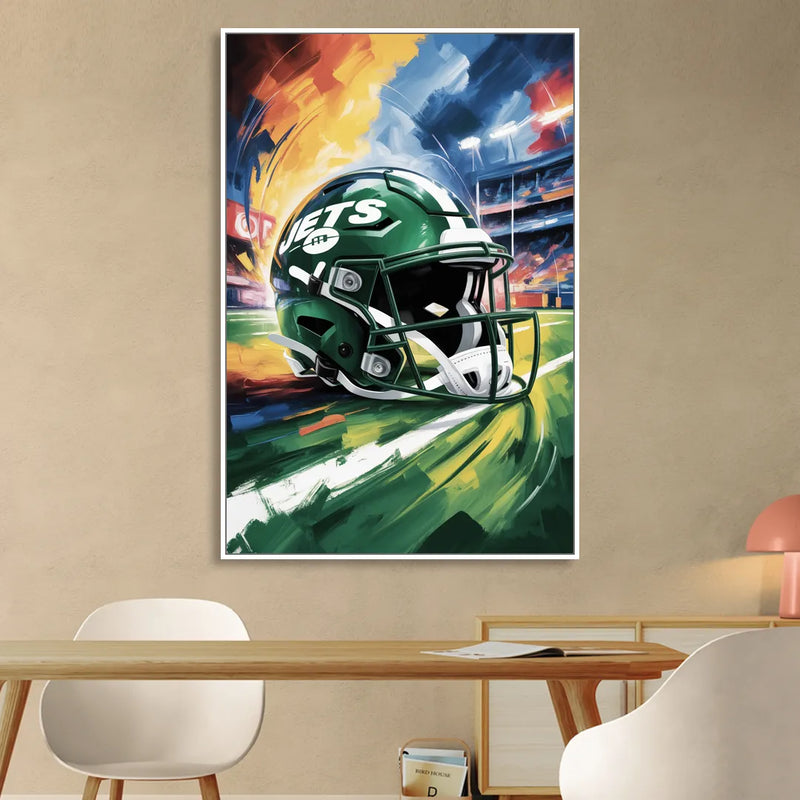 New York Jets Energetic Impressionist Football Helmet Artwork Sitting Room - White Canvas Wall Art