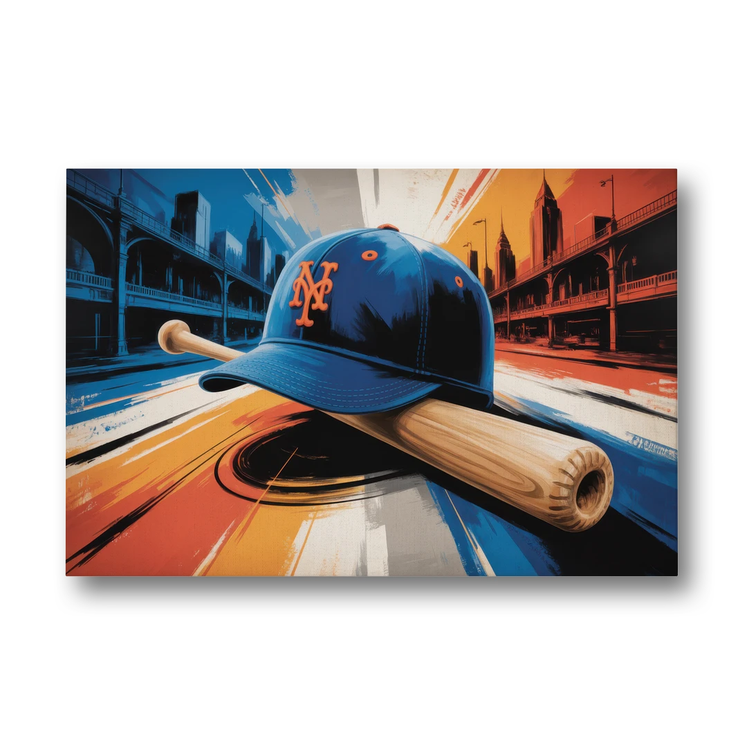 New York Mets Abstract Baseball Art Energetic Triumph in Blue and Orange - Canvas Wall Art - Front