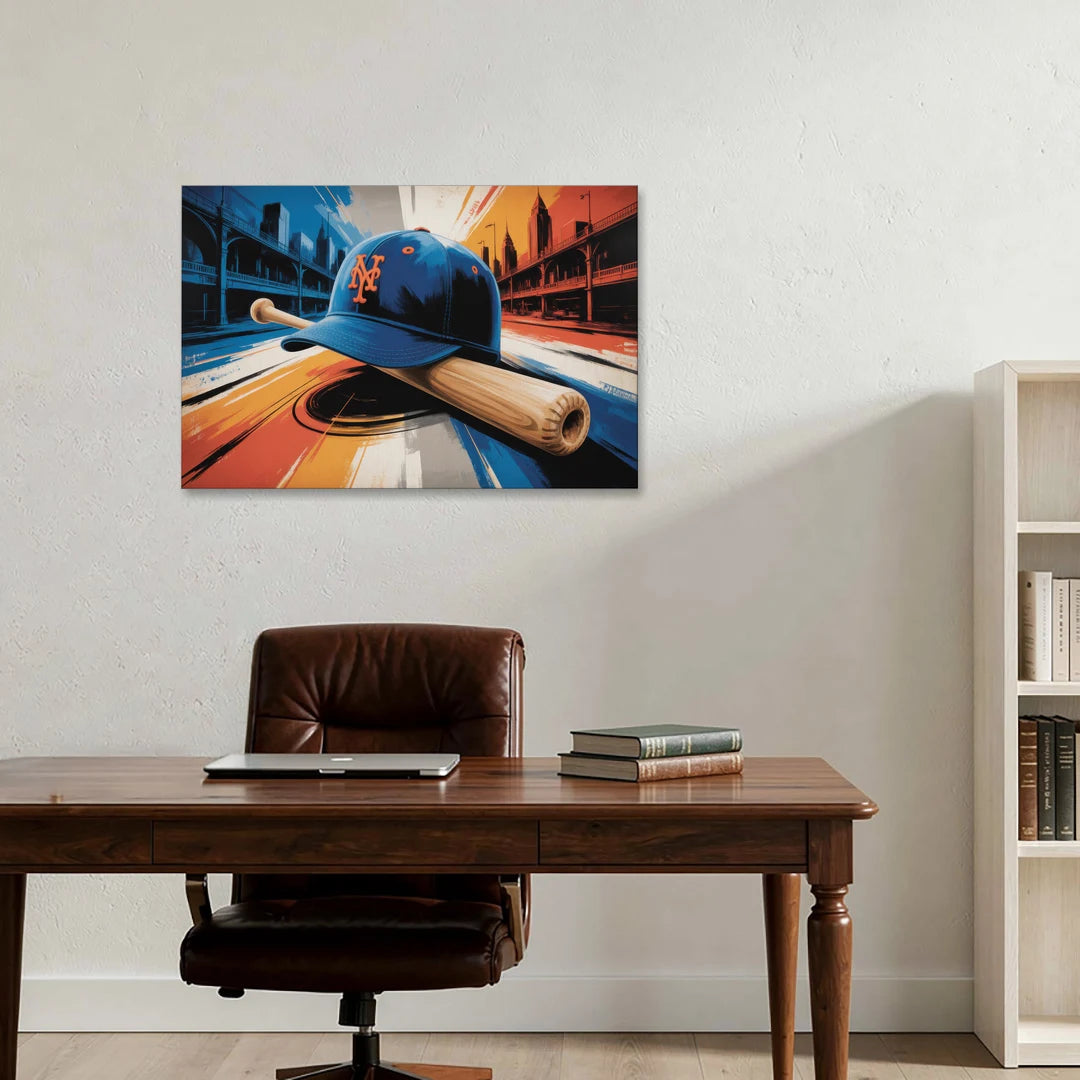 New York Mets Abstract Baseball Art Energetic Triumph in Blue and Orange - Canvas Wall Art - Office - 36x24