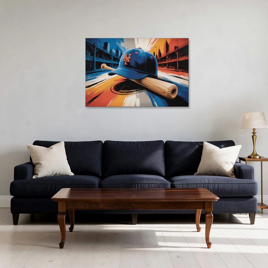 New York Mets Abstract Baseball Art Energetic Triumph in Blue and Orange - Canvas Wall Art - Sofa - 36x24