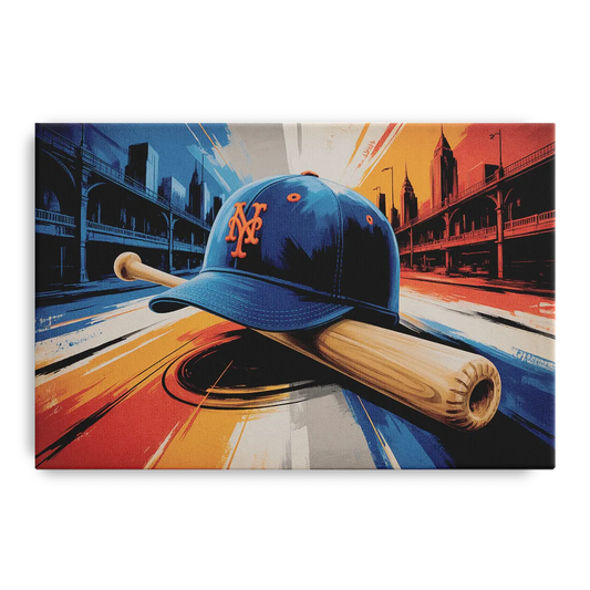 New York Mets Abstract Baseball Art Energetic Triumph in Blue and Orange - Canvas Wall Art