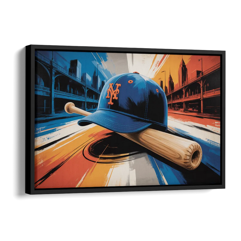 New York Mets Abstract Baseball Art Energetic Triumph in Blue and Orange Side - Black Canvas Wall Art