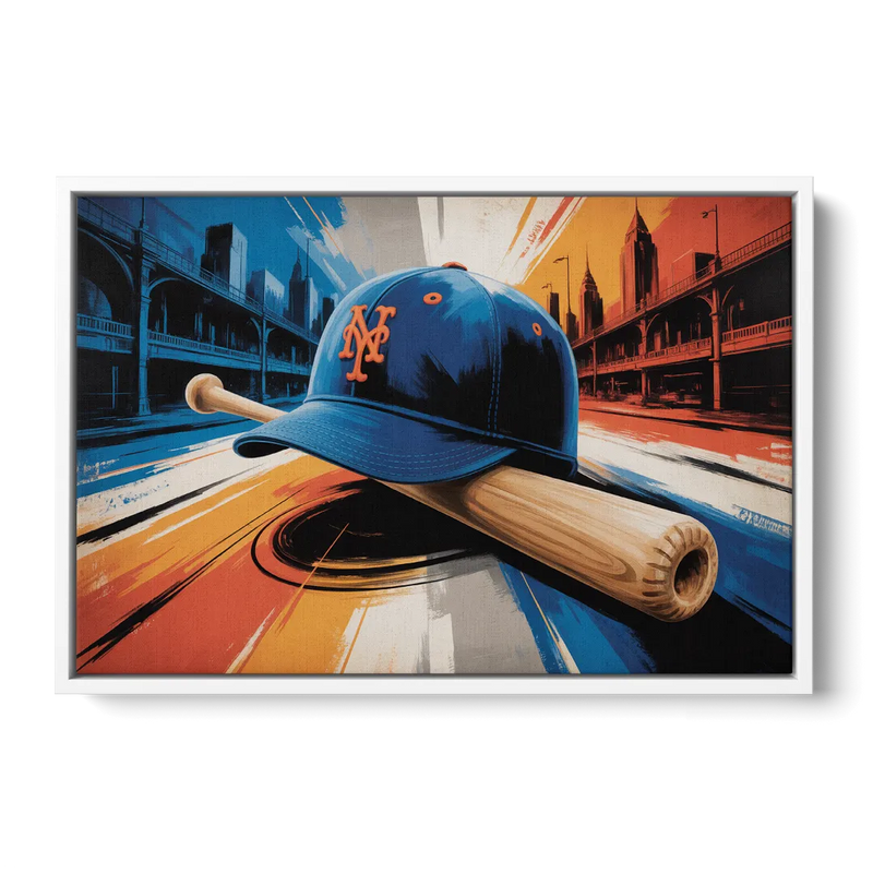 New York Mets Abstract Baseball Art Energetic Triumph in Blue and Orange Front - White Canvas Wall Art