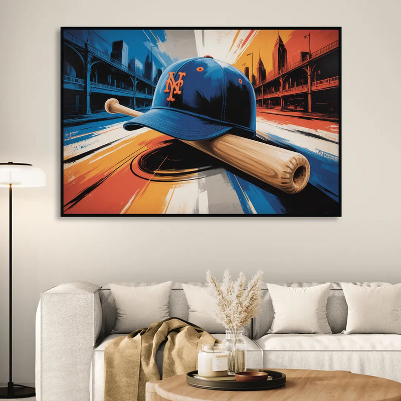 New York Mets Abstract Baseball Art Energetic Triumph in Blue and Orange Living Room - Black Canvas Wall Art