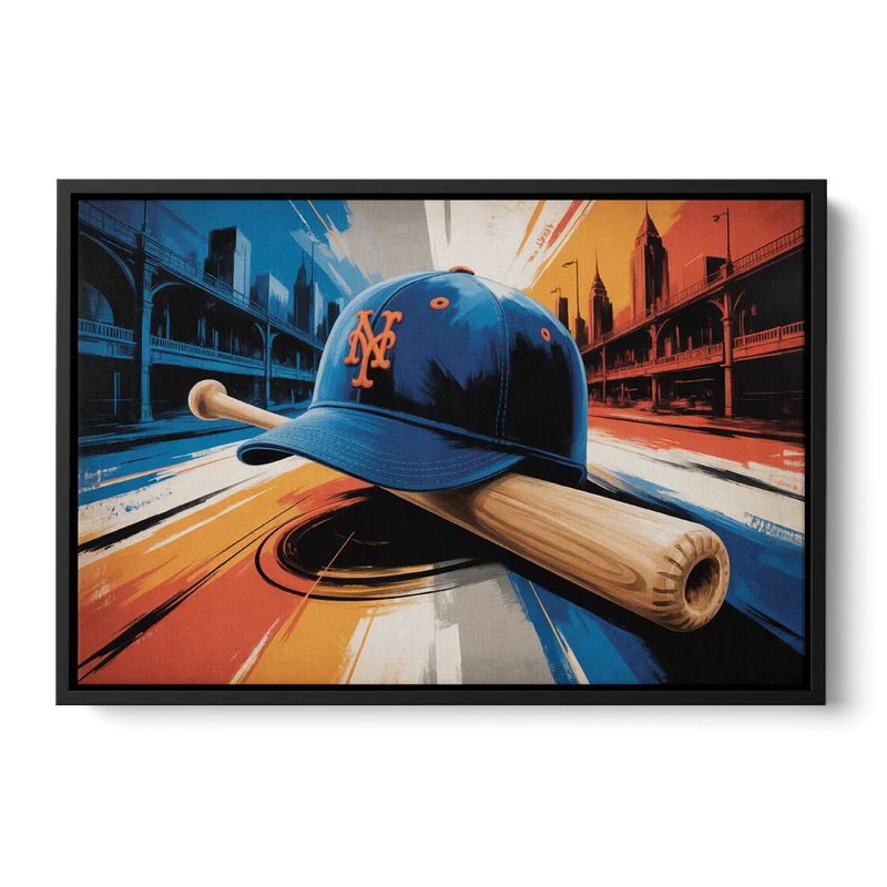 New York Mets Abstract Baseball Art Energetic Triumph in Blue and Orange Front - Black Canvas Wall Art