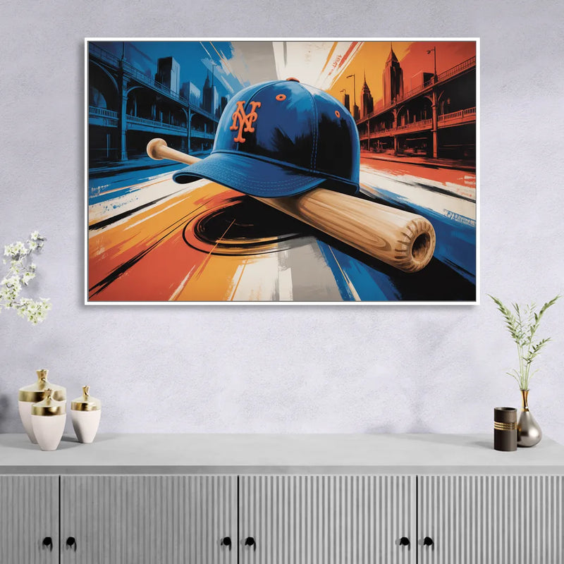 New York Mets Abstract Baseball Art Energetic Triumph in Blue and Orange Living Room - White Canvas Wall Art