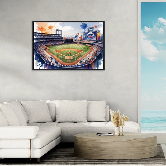 New York Mets Dynamic Watercolor Celebration at Citi Field - Living Room Black Frame Canvas