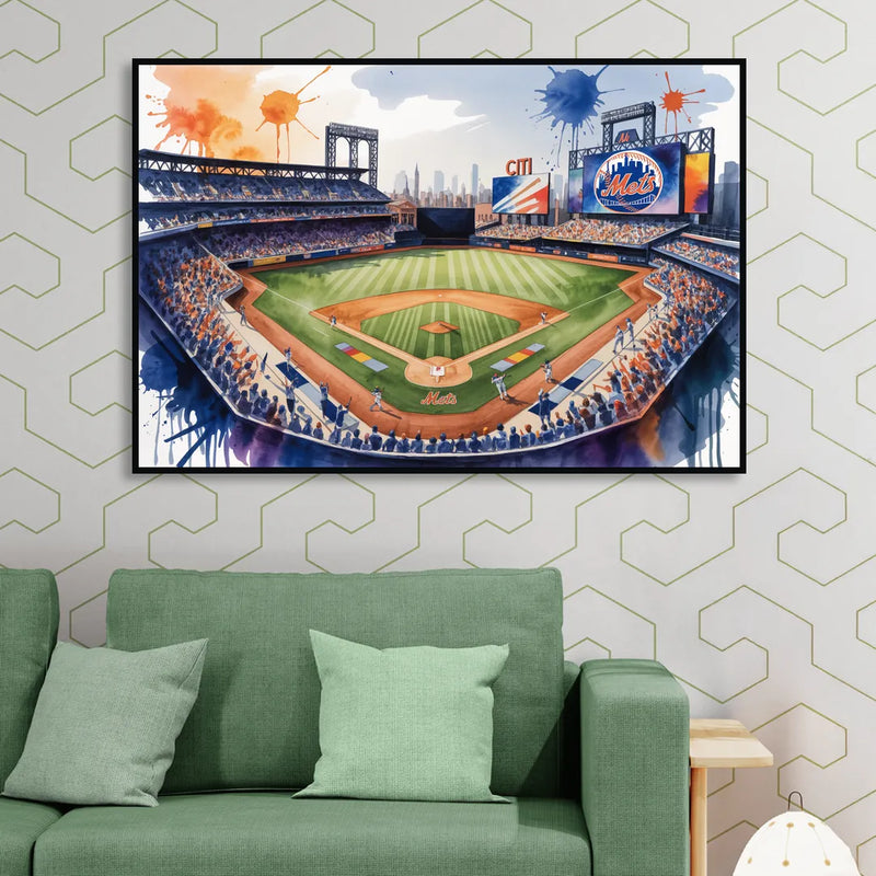 New York Mets Dynamic Watercolor Celebration at Citi Field Living Room - Black Canvas Wall Art