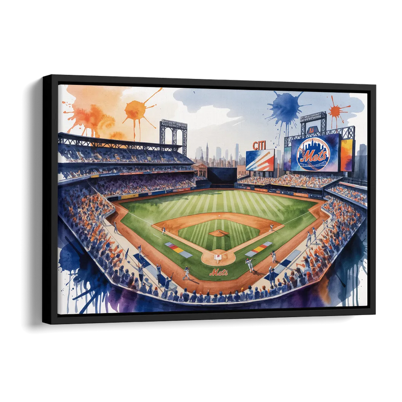 New York Mets Dynamic Watercolor Celebration at Citi Field Side - Black Canvas Wall Art