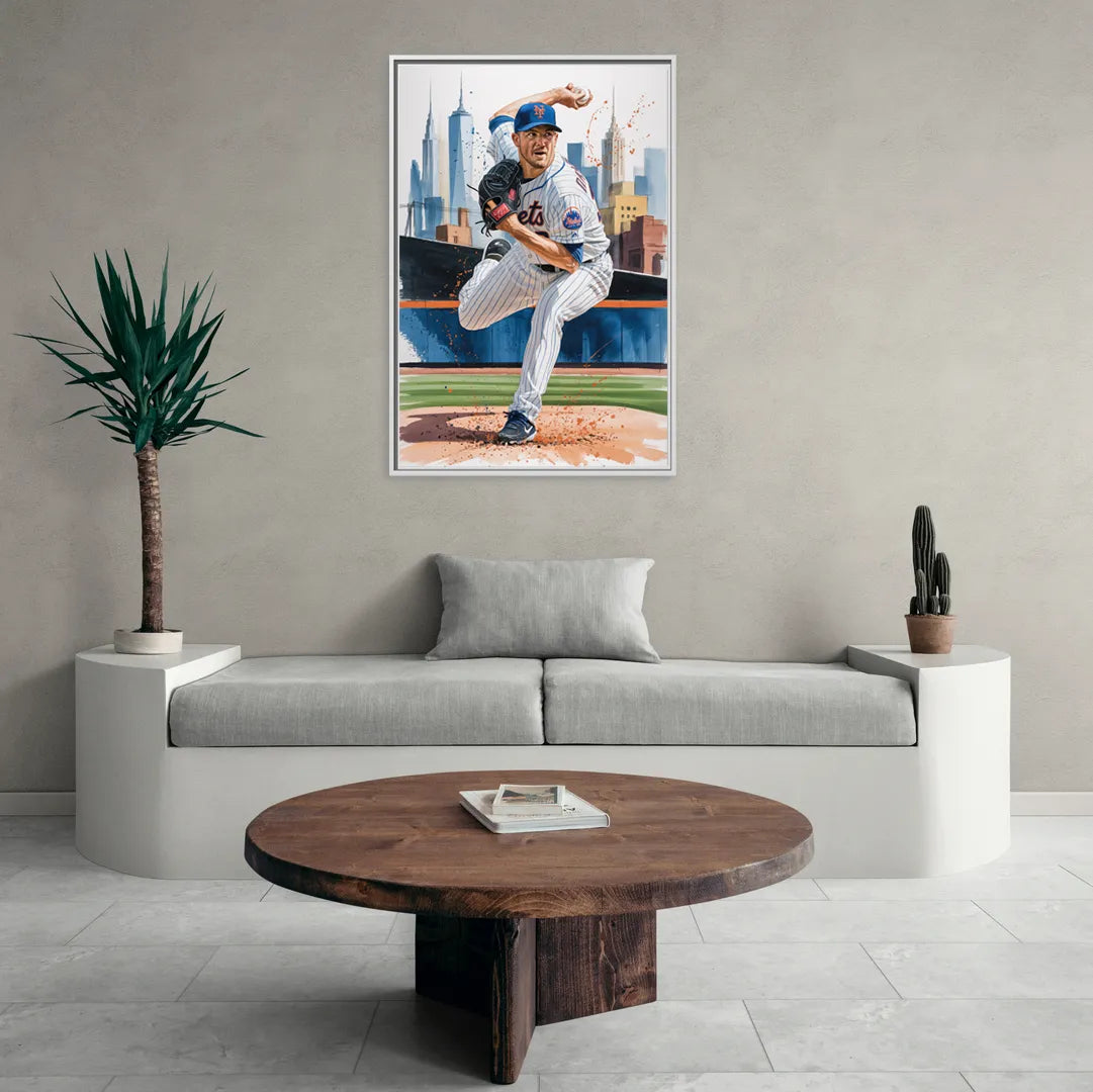 New York Mets Pitcher Windup - Living Room White Frame Canvas