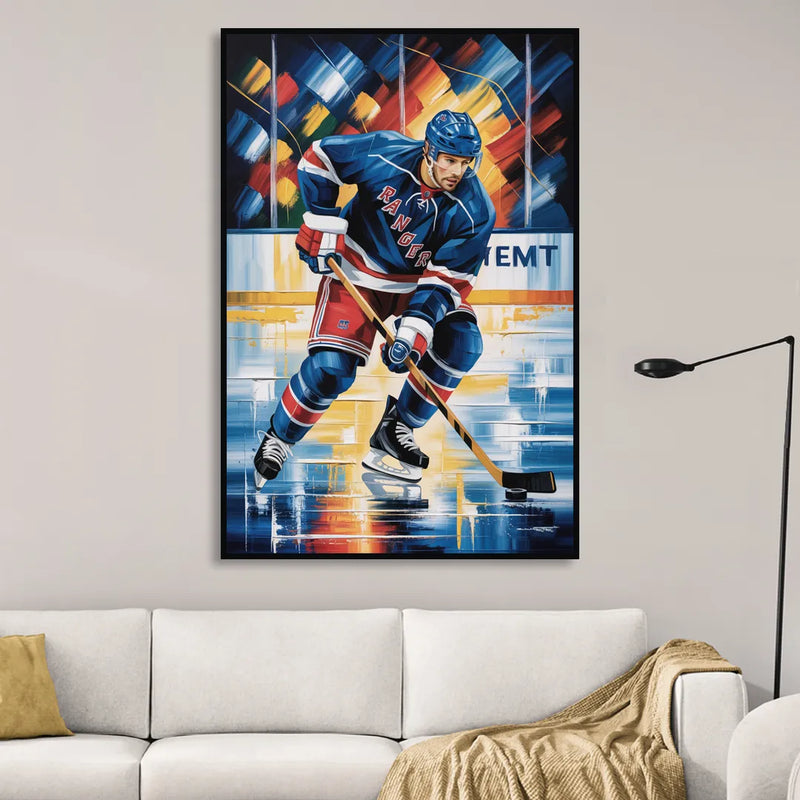 New York Rangers Abstract Hockey Impressionism Sitting Room - Black Canvas Wall Art
