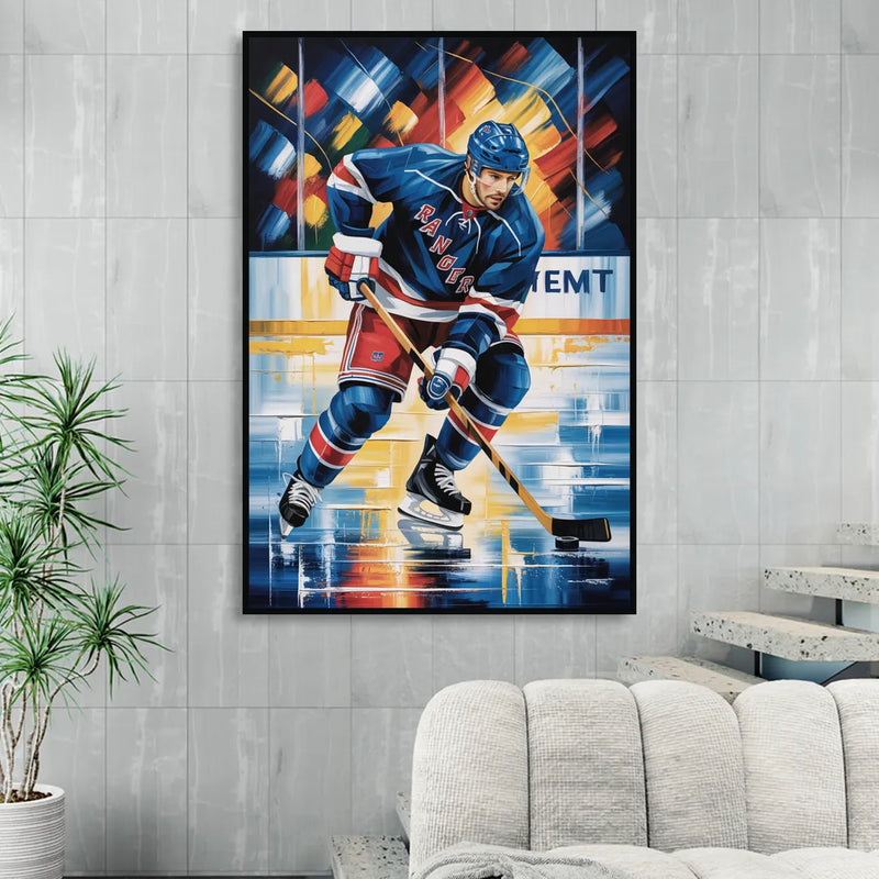 New York Rangers Abstract Hockey Impressionism Living Room - Black Canvas Wall Art