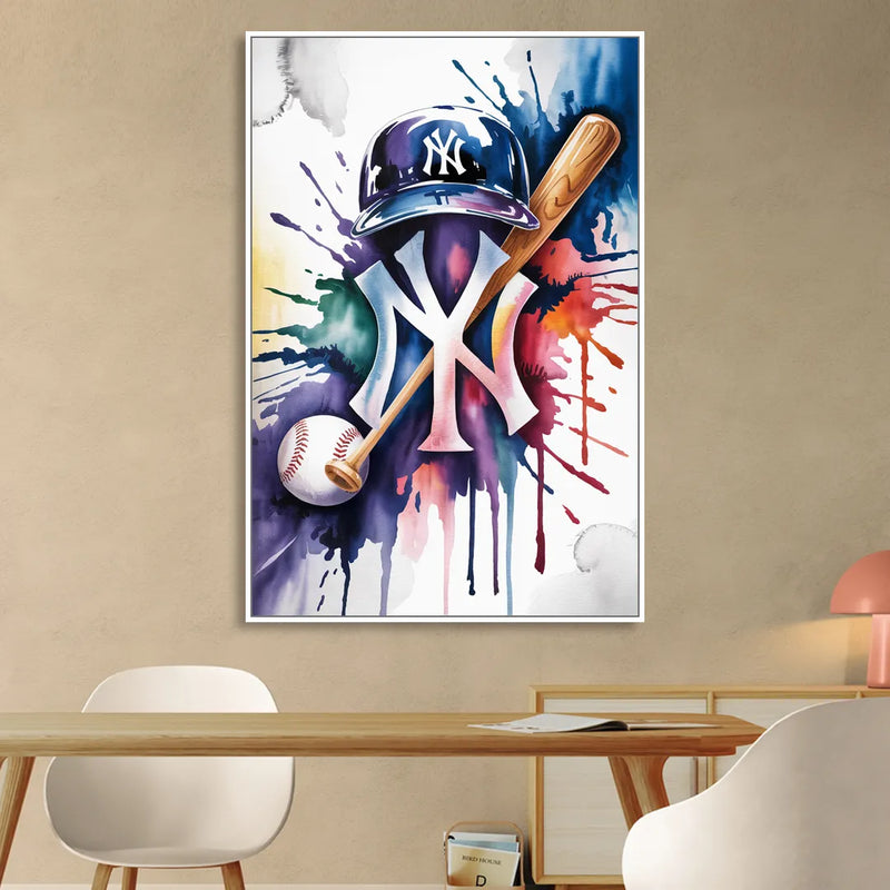 New York Yankees Watercolor Legacy Abstract Emblem Art Living Room - White Canvas Wall Art