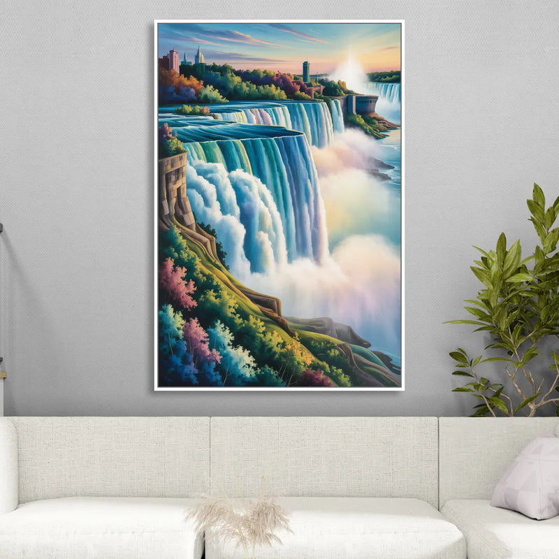 Niagara Falls Color Burst Living Room - White Canvas Wall Art
