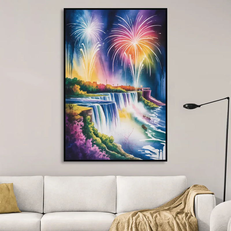 Niagara Falls Fireworks Show Living Room - Black Canvas Wall Art